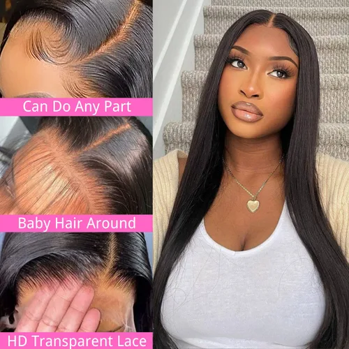Miniatura 2 de Pelucas de cabello humano virgen brasileño con encaje frontal de 22 pulgadas para mujeres negras, color natural, densidad del 180 %, 13 x 4 HD