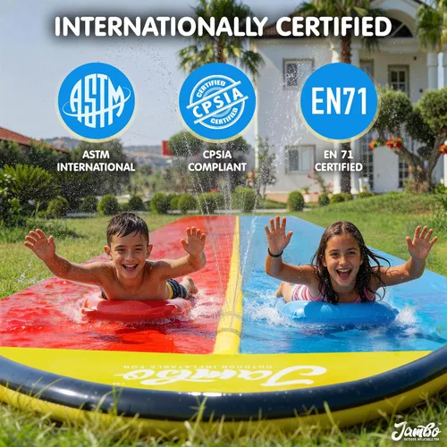 Miniatura 8 de JAMBO Tobogán acuático de doble carril de 22.5 pies con 2 tablas de bodyboard con rociador integrado para diversión acuática en el patio trasero al