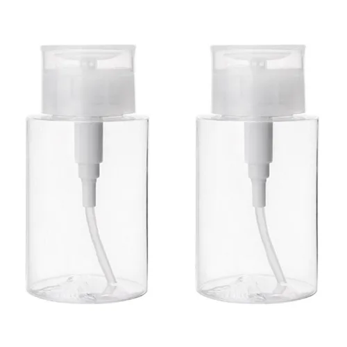 Paquete de 2 botellas dispensadoras de prensa PETG a prueba de fugas de 3.4 onzas, recipientes de viaje recargables para cosméticos y removedor de
