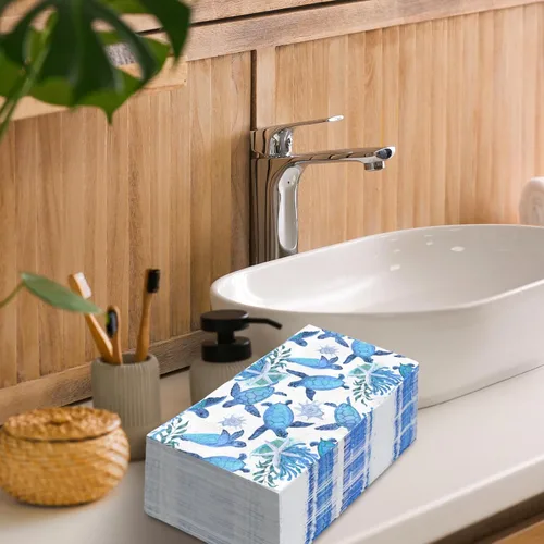 Miniatura 6 de 100 servilletas de papel desechables con diseño de tortuga y océano, color azul océano, animales marinos, cenas, toallas de mano para verano, playa