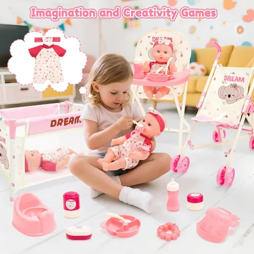 Miniatura 6 de deAO Juguetes de Cochecito de Muñeca Bebé con Muñeca Bebé de 12" Accesorios Cama de Cuna Silla Alta Conjunto de Juego de Roles de Guardería Tapete