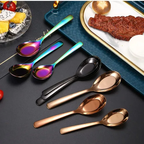 Miniatura 5 de 5 cucharas de sopa y postre de acero inoxidable con acabado espejo para sopa, arroz, té, leche, café y helado (dorado)