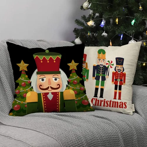 Miniatura 5 de Juego de 4 fundas de almohada decorativas con diseño de cascanueces navideñas, 20 x 20 pulgadas, árbol de Navidad, soldado de madera de dibujos