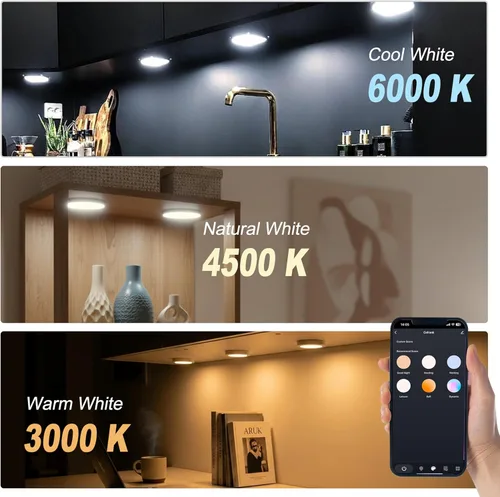 Miniatura 7 de Cefrank Paquete de 6 luces de disco inteligentes WiFi para debajo del gabinete, kit de iluminación 2700K-6000K, regulable, control remoto