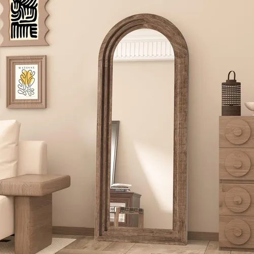 Miniatura 5 de Espejo de 65x24 Pulgadas con Marco de Madera Arqueado - Acabado Desgastado para Pared/Piso, Sala de Estar, Dormitorio, Entrada (Café)