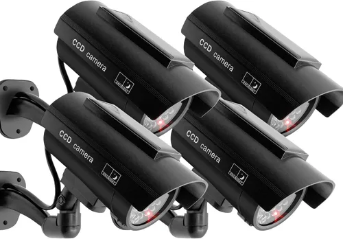 F FINDERS&CO Cámara de seguridad falsa alimentada por energía solar, sistema de vigilancia con luces intermitentes rojas realistas para interiores y
