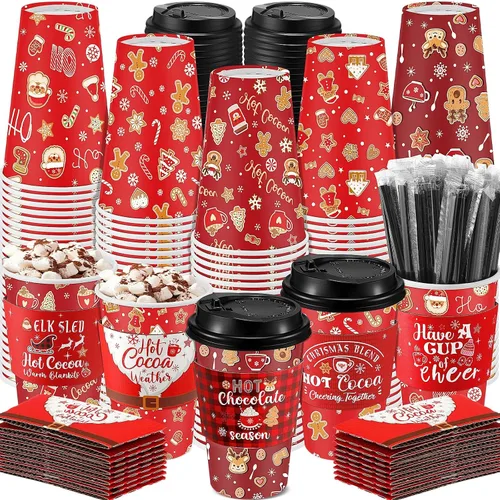 Miniatura 10 de Ziliny 100 juegos de tazas de papel de Navidad con manga y tapa con pajita, tazas de chocolate caliente y cacao para fiestas de Navidad, suministros