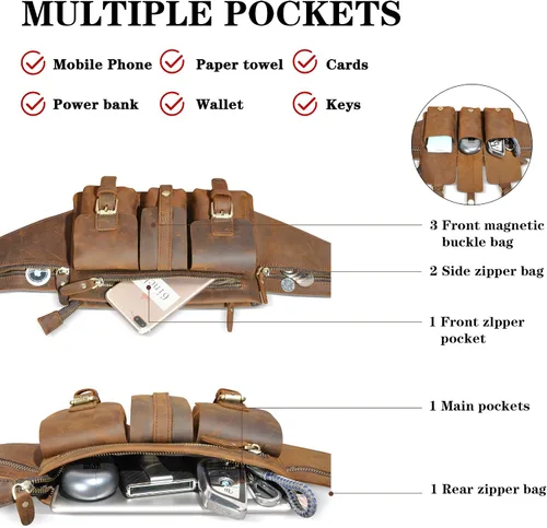 Miniatura 6 de Grueso caballo loco cuero senderismo equitación viaje al aire libre cinturón riñonera riñonera pequeña bolsa de teléfono para hombres mujeres 380