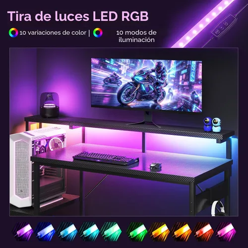 Miniatura 4 de AODK Escritorio para computadora, escritorio para juegos de 48 pulgadas con luces LED y toma de corriente, escritorio de oficina con estantes