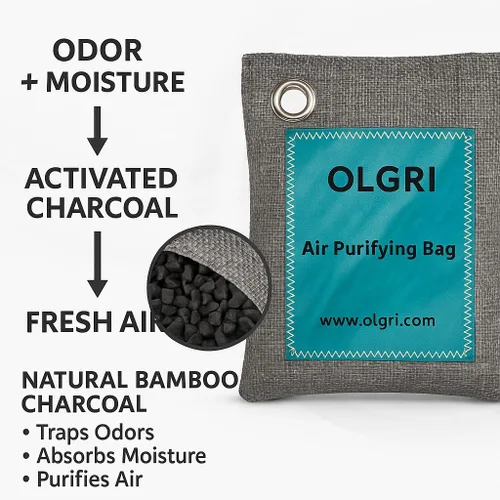 Miniatura 2 de OLGRI - Bolsas purificadoras de aire de carbón – Absorbente de olores natural para automóviles, baños, armarios, zapatos y mascotas – Paquete de 4