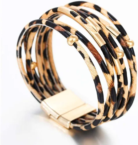 Miniatura 2 de Fesciory Pulsera de leopardo para mujer, pulsera de cuero bohemio multicapa con perlas de cristal