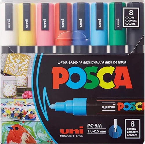 Posca - Juego de marcadores de pintura acrílica (8 colores medianos, PC-5M, versión 2 (PC5M8SET)