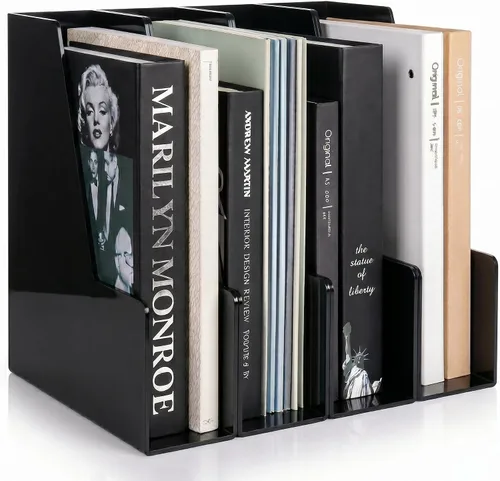Vertical Magazine File Holder, Black File Organizer Desk Organizer and Storage Bins Holding for Magazines, Binders, Notebooks, Envelopes, Plastic