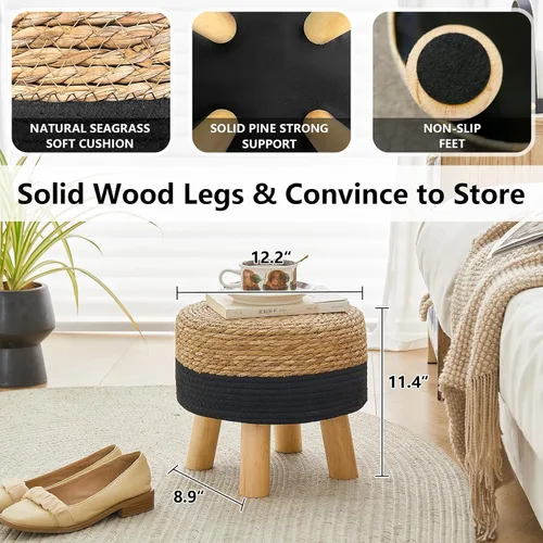 Miniatura 5 de Taburete redondo otomano natural de algas marinas, taburete de pie con 4 patas de madera, taburete redondo tejido a mano, taburete de sofá, taburete