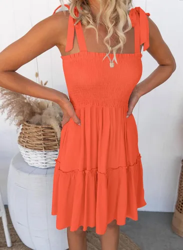 Miniatura 2 de MUXERI Women's Bohemian Solid Color Spaghetti Straps Shirred Square Neck Swing A Line Beach Mini Dress