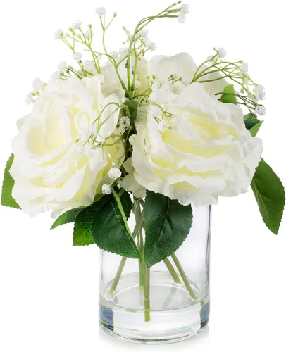 ENOVA FLORAL Flores artificiales de rosa de seda grandes en jarrón, rosas falsas blancas con jarrón y agua sintética para centros de mesa de boda