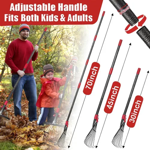 Miniatura 4 de Rastrillo plegable para hojas, rastrillo ajustable de mango largo de 70 pulgadas, cabeza de acero metálica expandible (8 a 17 pulgadas), rastrillos