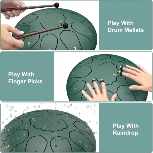 Miniatura 3 de Tambor de lluvia para jardín exterior, tambor de lengua de acero de 8 pulgadas, 11 notas, campanilla de lluvia de meditación impermeable, Verde