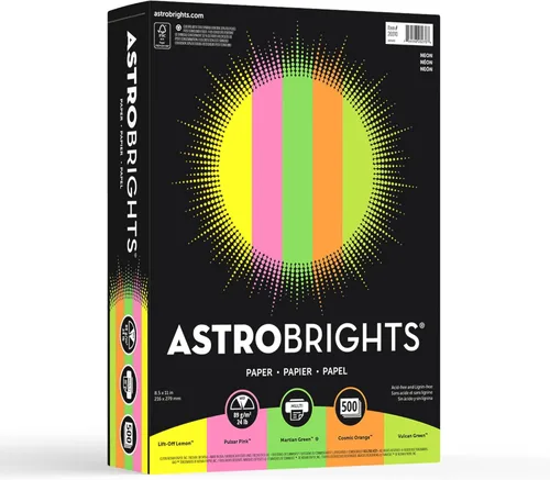 Papel de colores brillantes, Neenah Astrobrights®, tamaño de papel carta, 24 libras, colores surtidos, resma de 500 hojas