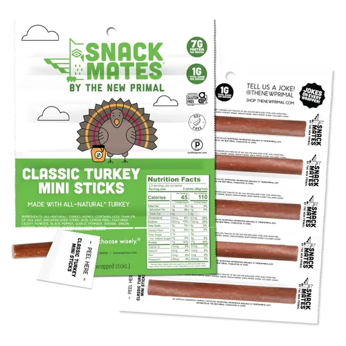 The New Primal Snack Mates - Palitos de pavo, bocadillos saludables sin gluten para niños, aperitivos bajos en azúcar y alto en proteínas, mini