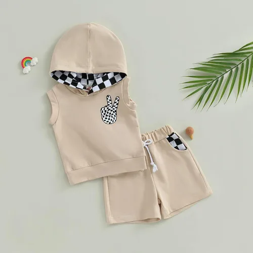 Miniatura 2 de Conjunto de ropa de verano para bebé niño y niño, diseño a cuadros, manga corta, sudadera con capucha y pantalones cortos casuales