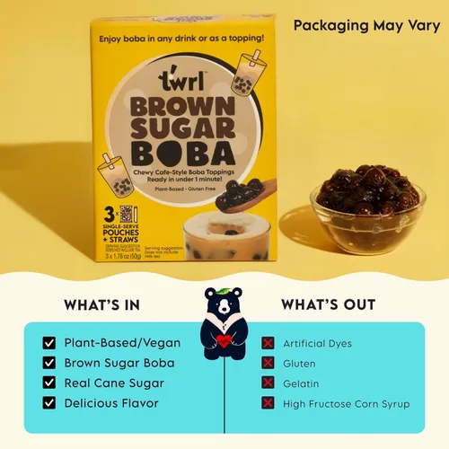 Miniatura 2 de Twrl Cobertura de té Boba de burbujas de azúcar morena – Perlas Boba taiwanesas, cobertura de tapioca estilo café, instantáneo, perfecto para té