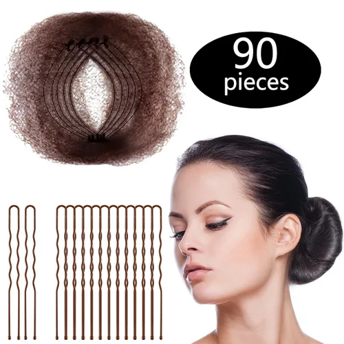 Zonon Redes para Cabello de Moño 50 Piezas, Malla Elástica de Borde Invisible, Paquete Individual, Marrón y Horquillas en Forma de U 40 Piezas para