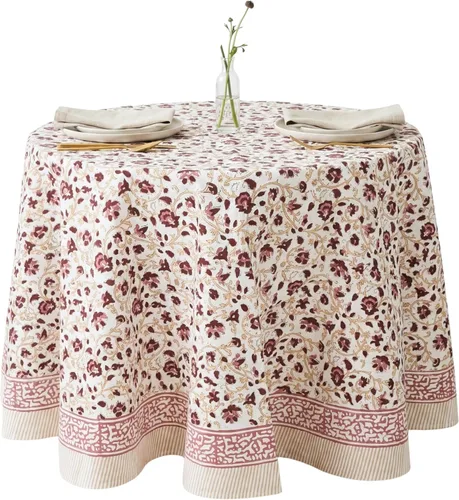 Miniatura 35 de ATOSII Mantel Redondo Bohemio Jade de Algodón 100%, Mantel de Lino con Estampado Floral de Bloques para Comedor, Fiestas, Bodas, Exteriores I