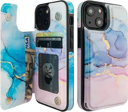 Miniatura 9 de HAOPINSH Funda para iPhone 13 Mini con tarjetero y diseño de flores en la parte posterior, con función atrás, de piel sintética, con ranuras