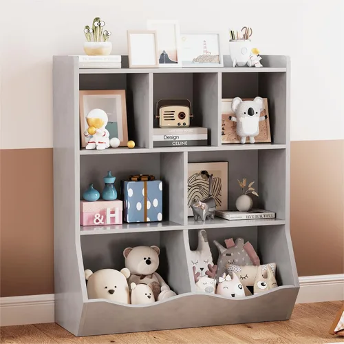 GarveeHome Gabinete de almacenamiento de juguetes gris, estantería de tres niveles para niños y estantería para almacenamiento de libros y juguetes,