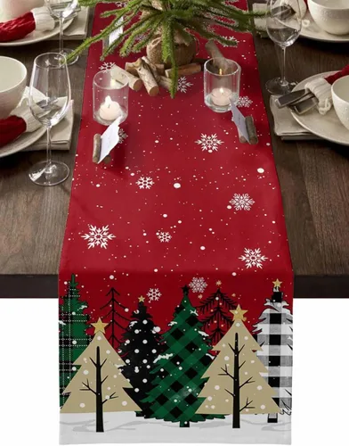 Miniatura 9 de Juego de 4 manteles individuales de árbol de Navidad, mantel rojo para decoración de mesa de comedor, manteles lavables de lino de algodón a cuadros