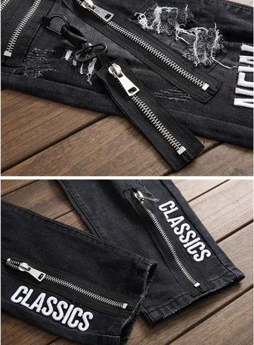 Miniatura 4 de Cremalleras para hombre con letras bordadas negro elástico Denim Jeans Agujeros de moda rasgados desgastados Pantalones delgados Pantalones