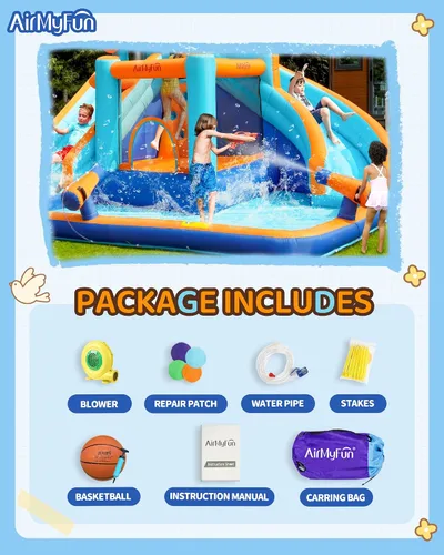 Miniatura 4 de AirMyFun Tobogán acuático inflable para patio trasero de niños, Mega parque acuático 9 en 1 con toboganes de carreras duales, pista deslizante larga