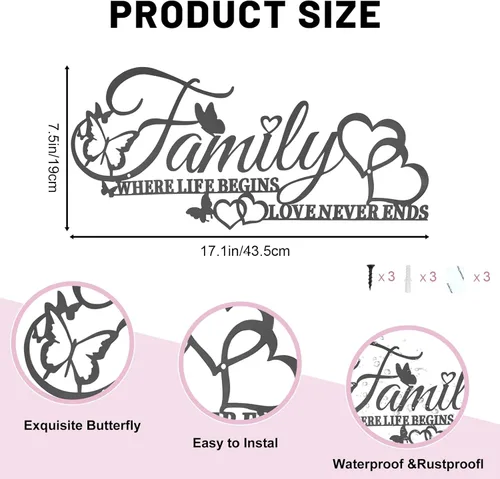 Miniatura 4 de Family Where Life Begins Love Never Ends Word - Decoración de pared de metal negro con corazón de mariposas, escultura colgante de letras de hierro