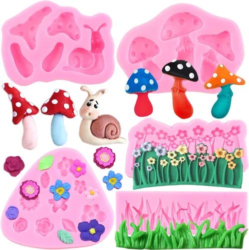 Moldes de silicona para hongos y caracoles de jardín vintage encantados, molde de fondant de hierba verde, molde de chocolate para decoración de