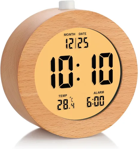Miniatura 14 de Plumeet Reloj Despertador Digital de Madera para Dormitorios, Reloj Despertador de Madera de 4'' a Batería con Repetición y Luz Nocturna, Reloj