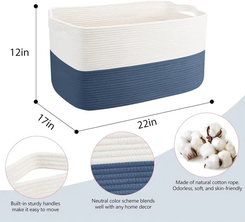 Miniatura 2 de MEGASKET Cesta de cuerda extra grande, 22 x 17 x 12 pulgadas, contenedor de almacenamiento de animales de peluche, organizador de caja de juguetes