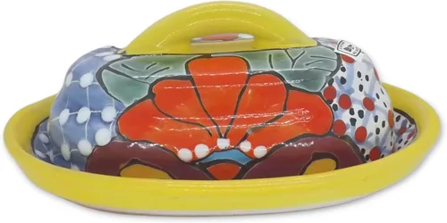 Miniatura 11 de Cuenco para Mantequilla de Cerámica Talavera con Tapa Pintada a Mano, Auténtica Cerámica Mexicana de Cocina, Diseño Floral (Rojo)