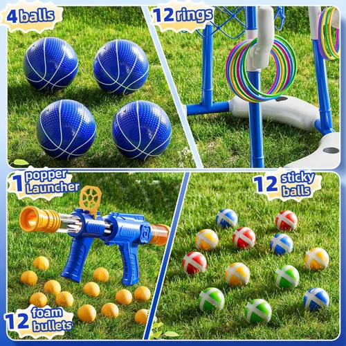 Miniatura 5 de NIPLOOOW Aro de baloncesto para piscina, juego de anillos flotantes 4 en 1 con 4 bolas, lanzador de bomba de aire y bolas adhesivas, juego