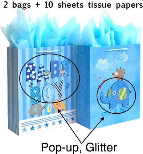 Miniatura 3 de Bolsas de regalo medianas de 12.5 pulgadas con papel de seda para baby showers, paquete de 2 (azul)