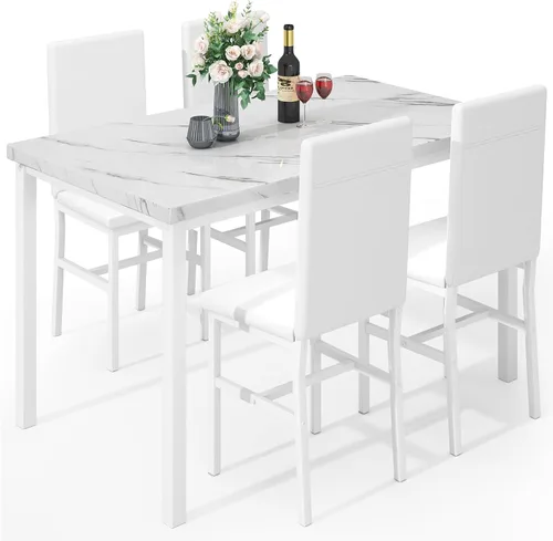 Miniatura 10 de Juego de mesa de comedor de 5 piezas Hooseng para 4 con tapa de mármol sintético y sillas de terciopelo, juego de mesa de cocina moderna que ahorra