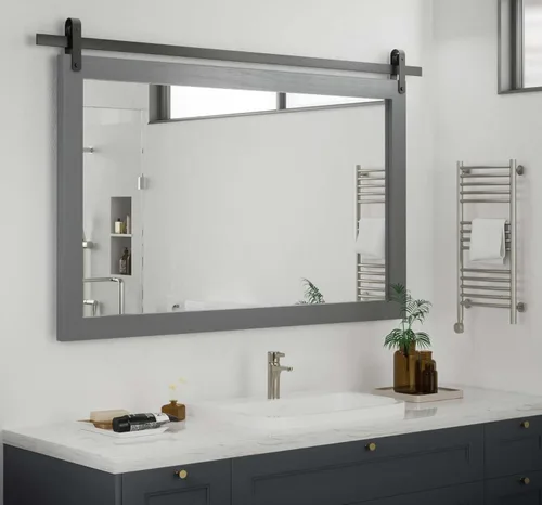 PAIHOME Espejo de pared gris grande, espejo de baño cuadrado rústico horizontal de granja para espejos de tocador con marco de madera, decoración