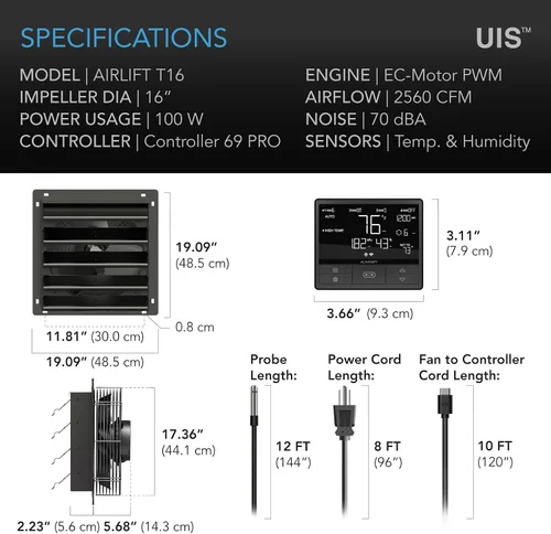Miniatura 6 de AC Infinity AIRLIFT T16 - Ventilador extractor de 16 pulgadas con persianas, controlador de humedad y temperatura WiFi, motor EC, ventilación
