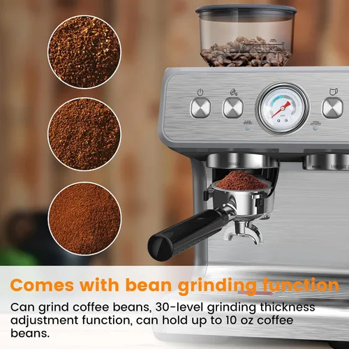 Miniatura 4 de Máquina de café expreso con molinillo integrado, cafetera profesional de 15 barras con espumador de leche, cafetera espresso de acero inoxidable