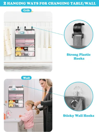 Miniatura 4 de Organizador de pañales colgante PHOTOONE para cuna – Organizador espacioso para guardería de bebé niña/niño para mesa de cambio, corralito/pared
