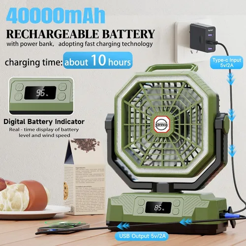 Miniatura 2 de Sireck Ventilador de camping recargable portátil de 10.8 pulgadas, verde Funciona con batería de 40000 mAh, luz LED, pantalla digital