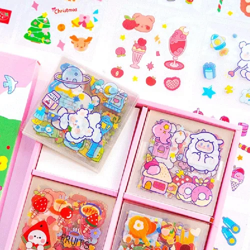 Miniatura 7 de Calcomanías de caricaturas Kawaii con diseño de oso de conejo, 800 piezas/100 hojas de PVC transparente, kit de calcomanías de conejito para álbumes