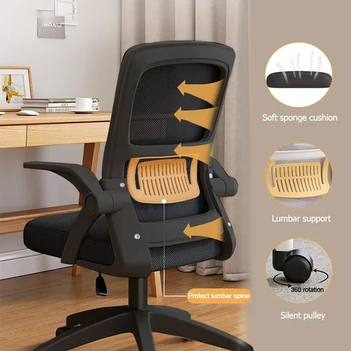Miniatura 3 de Silla de Oficina para el Hogar Ergonómica con Malla Transpirable Silla de Alto Respaldo con Altura Ajustable Giratoria con Brazos Abatibles y Negro