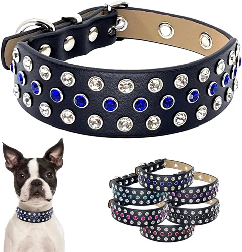 Miniatura 6 de Collar de perro con diamantes de imitación con brillantes piedras aguamarina tachonadas en cuero ancho de microfibra negra, detalles de diseñador