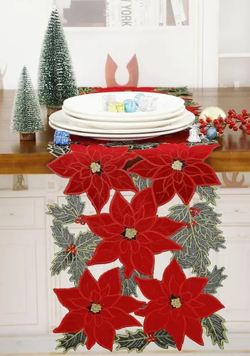 GRANDDECO Camino de mesa navideño para fiestas campestres, bufandas para cómoda bordadas con flores de Pascua navideñas, Navidad, hogar, cocina,